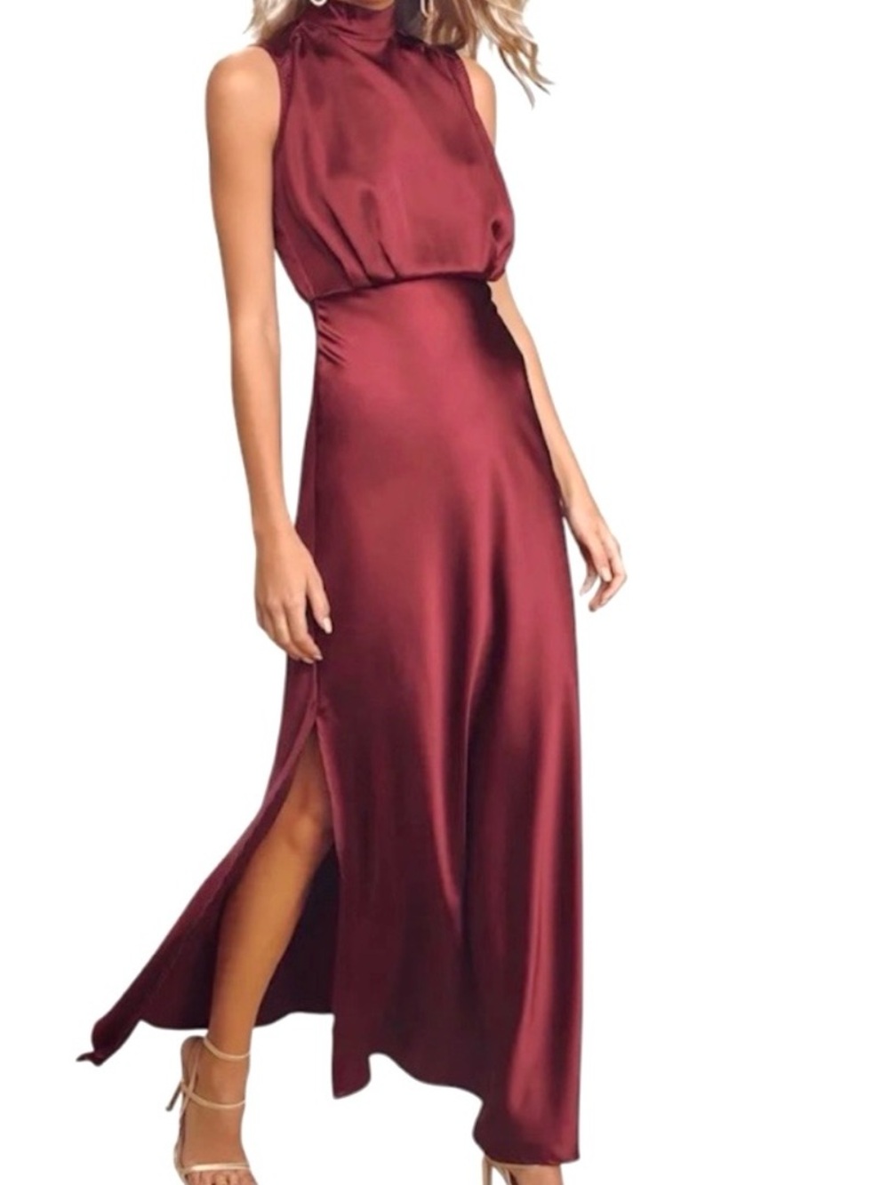 Lulu's Burgundy Satin High-Neck Maxi Dress